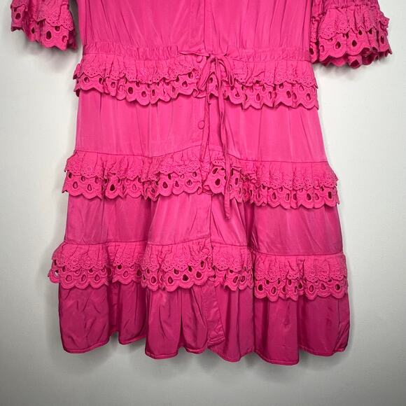 CeliaB Hot Pink Eyelet Ruffle Mini Dress Size Medium - Picture 8 of 12